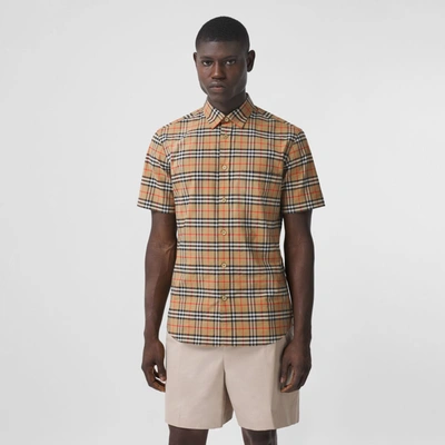 Burberry Short-sleeve Small Scale Check Stretch Cotton Shirt In Archive  Beige | ModeSens