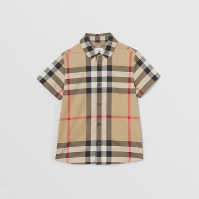 Shop Burberry Childrens Short-sleeve Check Stretch Cotton Shirt In Archive Beige
