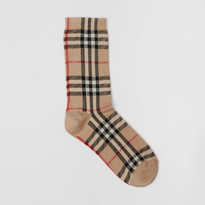Shop Burberry Vintage Check Intarsia Cotton Cashmere Blend Socks In Archive Beige