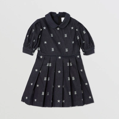 Shop Burberry Childrens Star And Monogram Motif Puff-sleeve Denim Dress In Indigo