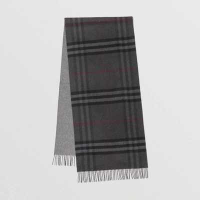 Shop Burberry Reversible Check Cashmere Scarf In Charcoal