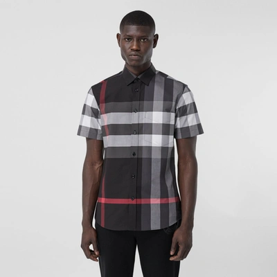 Shop Burberry Short-sleeve Check Stretch Cotton Poplin Shirt In Charcoal