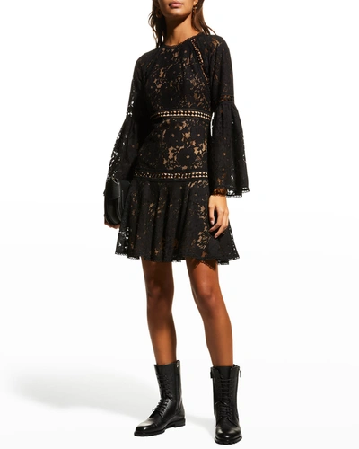 Shop Michael Michael Kors Floral Lace Bell-sleeve Mini Dress In Black
