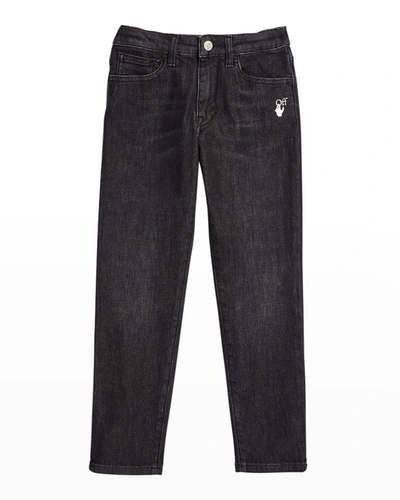 Shop Off-white Boy's Diagonal Straight-leg Denim Jeans In Black