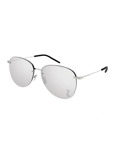 Shop Saint Laurent Ysl Semi-rimless Metal Aviator Sunglasses In 002 Shiny Silver