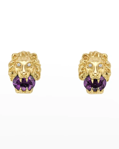 Shop Gucci Lion Head Earrings With Diamonds And Amethyst In Yg