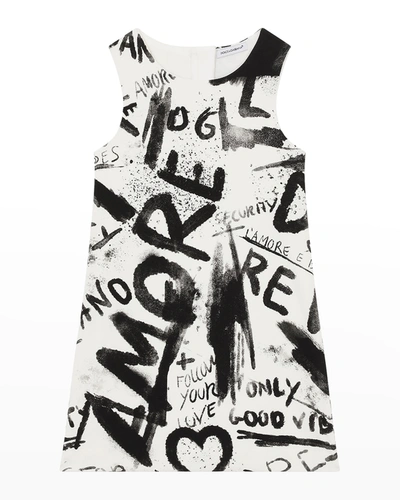 Shop Dolce & Gabbana Girl's Graffiti Amore Print Dress In Haspn Whiteblack