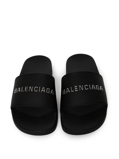Shop Balenciaga Chrom Logo Pool Slide Sandal Black And Silver