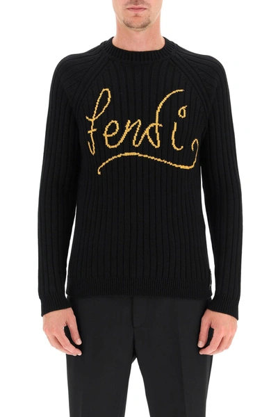 Shop Fendi Jacquard Logo Sweater In Mixed Colours