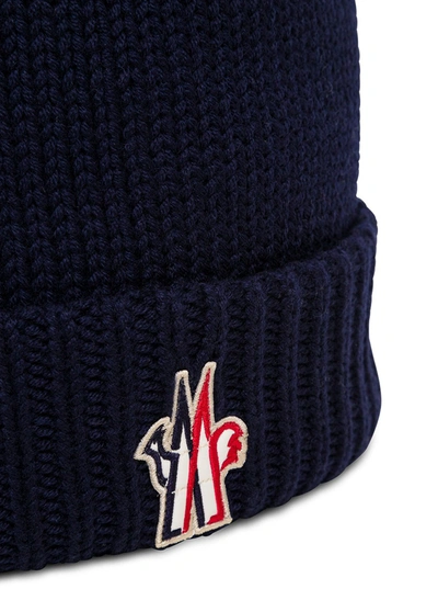 Shop Moncler Blue Wool Hat With Logo Patch