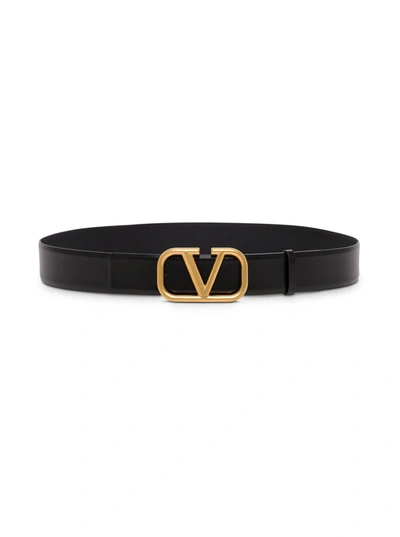 Shop Valentino Black Leather Belt With V Logo Buckle