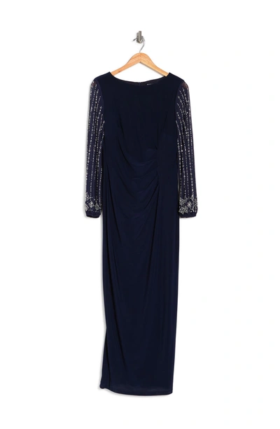 Marina Beaded Long Sleeve Maxi Gown In Navy