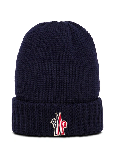 Shop Moncler Blue Wool Hat With Logo Patch
