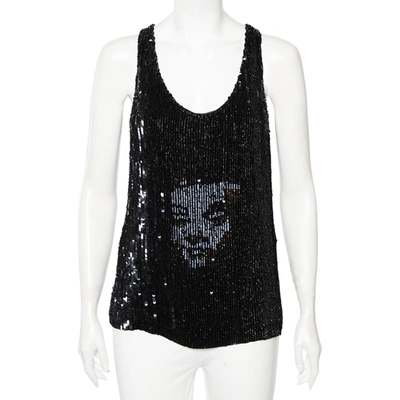 Pre-owned Alexander Mcqueen Black Sequinned Silk And Beaded Skull Pattern Sleeveless Top M