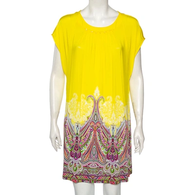 Pre-owned Etro Yellow/paisley Printed Jersey Gathered Yoke Detailed Dress M/l