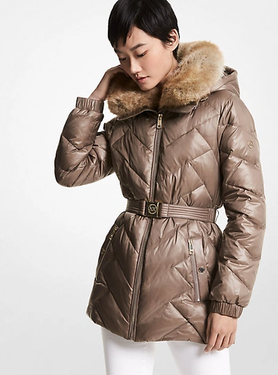 Michael kors faux fur hot sale trim belted puffer coat