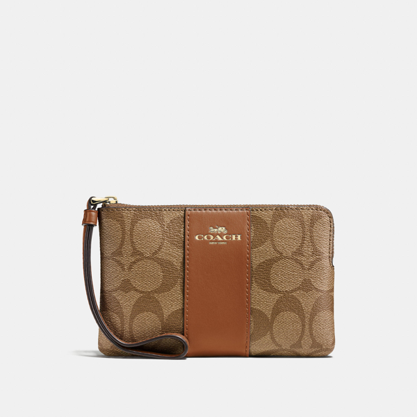 Coach Women's Corner Zip Wristlet In Signature Canvas In Gold/khaki