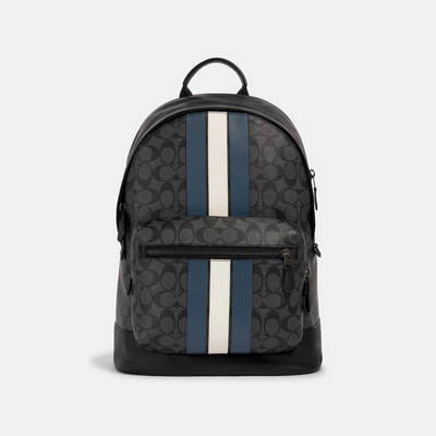 Shop Coach West Backpack In Signature Canvas With Varsity Stripe In Black