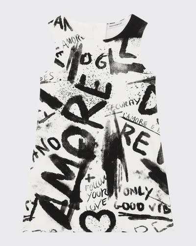 Shop Dolce & Gabbana Girl's Graffiti Amore Print Dress In Haspn Whiteblack