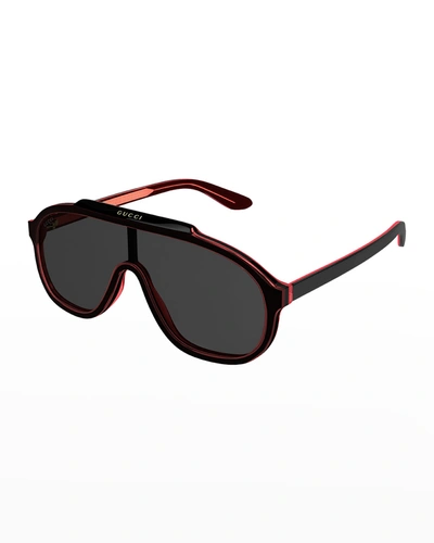 Shop Gucci Men's Acetate Aviator Sunglasses In Shiny Red/black
