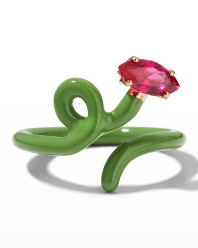 Shop Bea Bongiasca Baby Vine Tendril Ring With Enamel And Peridot In Green