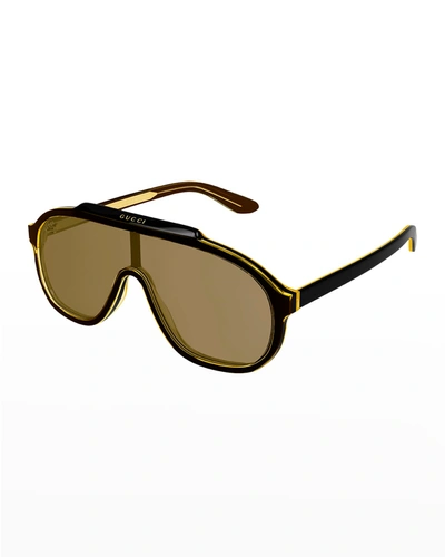 Shop Gucci Men's Acetate Aviator Sunglasses In Shiny Amber/black