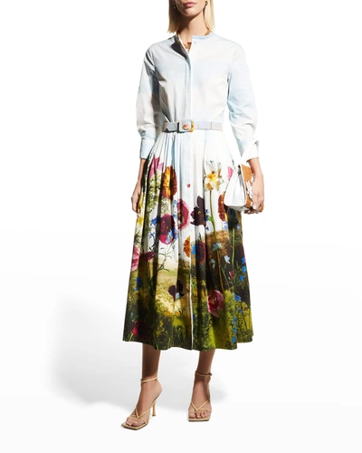 Shop Oscar De La Renta Flower Field-print Poplin Midi Dress In Ivory Multi