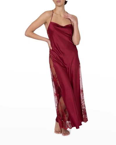 Shop Rya Collection Darling Lace-inset Satin Gown In Sangria