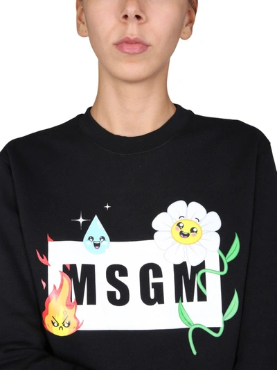 Shop Msgm Sweatshirt With "emoji" Logo Box And Flower Print In Black
