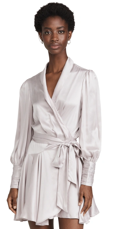 Zimmermann Long Sleeve Silk Wrap Minidress In Lavendar