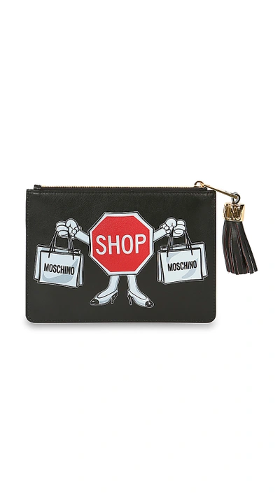 Shop Moschino Inlayed Leather Clutch In Black/red