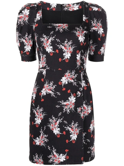 Shop Adam Lippes Floral Puff Sleeve Mini Dress Black And Poppy Red