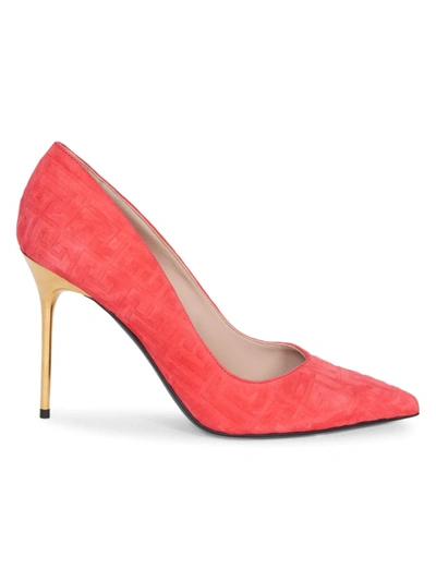 Balmain Ruby Suede Debossed Monogram Pumps In Rose Fuchsia