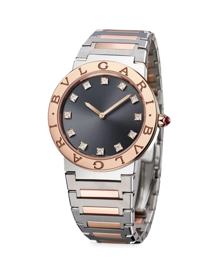 Shop Bvlgari Women's   Solotempo Stainless Steel, Rose Gold & Diamond Watch