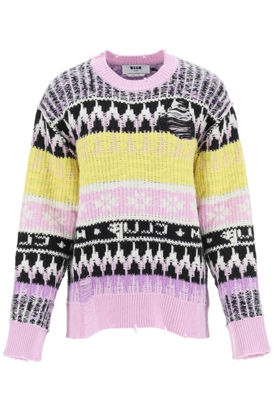 Shop Msgm Jacquard Wool Sweater In Purple,yellow,black