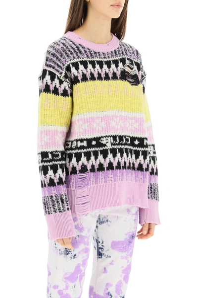 Shop Msgm Jacquard Wool Sweater In Purple,yellow,black