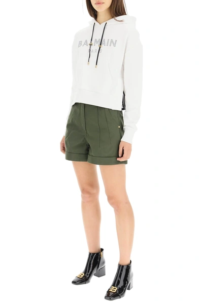 Shop Balmain Cropped Hoodie With Logo In White,black