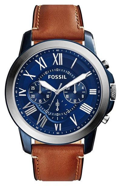 Shop Fossil 'grant' Round Chronograph Leather Strap Watch, 44mm In Light Brown/ Blue