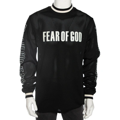 Pre-owned Fear Of God Black Synthetic Logo Print Long Sleeved Mesh-jersey T-shirt S