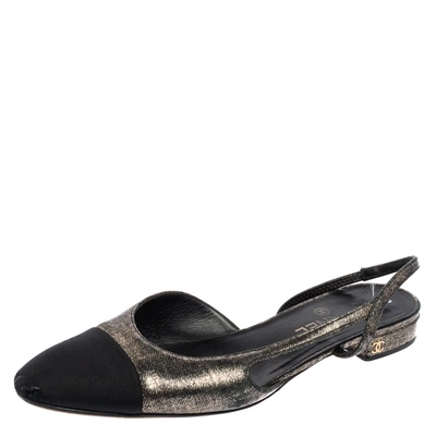 Pre-owned Black/gold Suede And Fabric Cap Toe Slingback Flats Size 42 In  Metallic