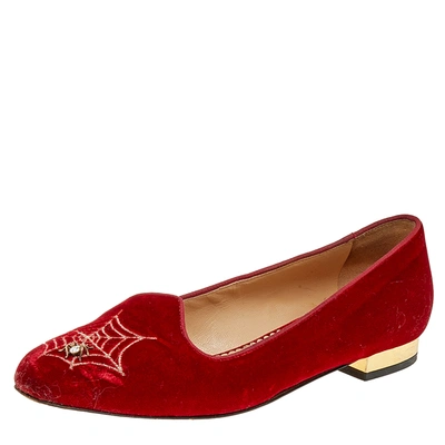 Pre-owned Charlotte Olympia Red Velvet Embroidered Ballet Flats Size 37