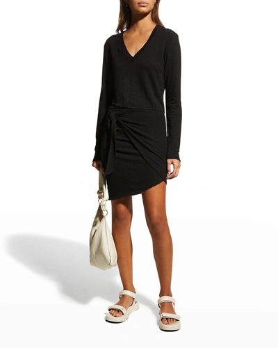 Shop Monrow Supersoft Long-sleeve Dress W/ Tie In Black