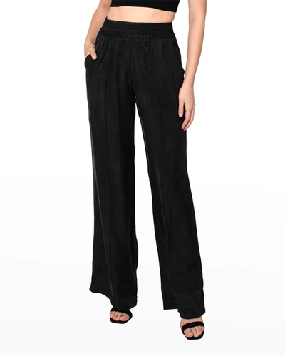 Shop Nicole Miller Smocked-waist Wide-leg Washed Cupro Pants In Black