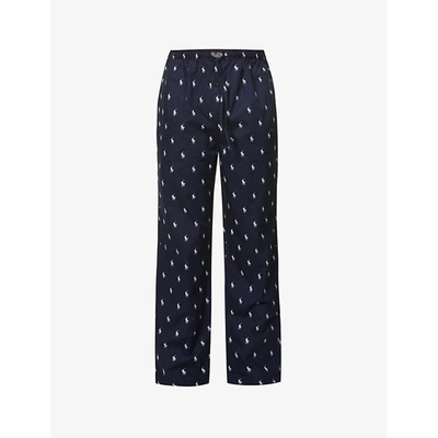 Shop Polo Ralph Lauren Mens Navy / Nevis Aopp Brand-print High-rise Slim-leg Cotton Pyjama Bottoms M