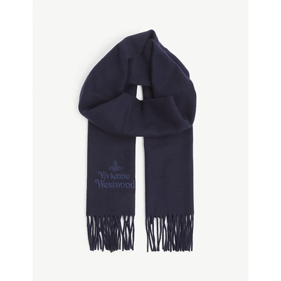 Shop Vivienne Westwood Mens Navy Blue Orb And Logo-embroidered Wool Scarf