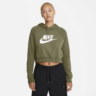 Shop Nike Sportswear Essential Women's Cropped Hoodie In Medium Olive,white