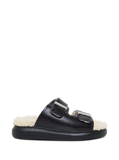 Shop Alexander Mcqueen Leather And Shearling Black Sandals In Nero