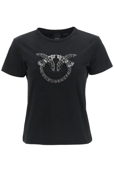 Shop Pinko Quentin T-shirt Love Birds Embroidery In Black