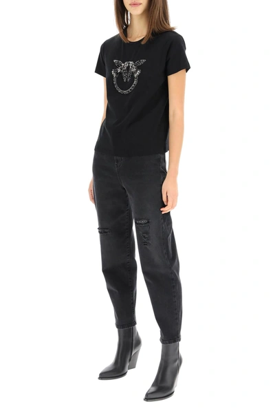 Shop Pinko Quentin T-shirt Love Birds Embroidery In Black