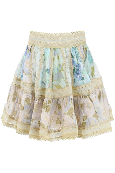 Shop Zimmermann Rhythm Mini Skirt With Trimmings In Light Blue,green,gold